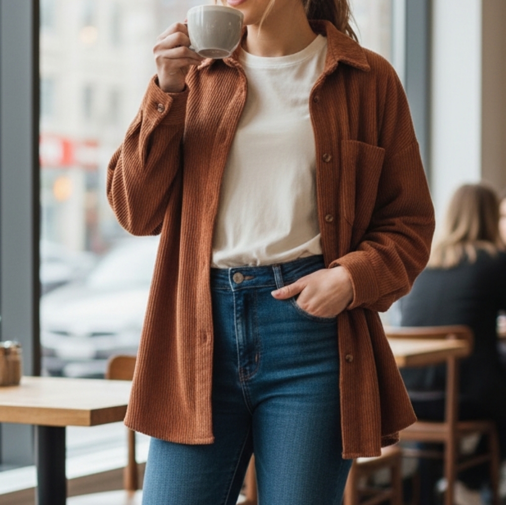 CORDUROY rust brown button up jacket, size M